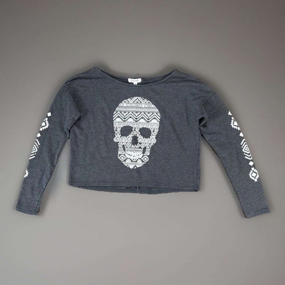 Y2K Aeropostale Sz XS Skull Crop Top Aztec Graphic Long Sleeve Grunge Rave Emo